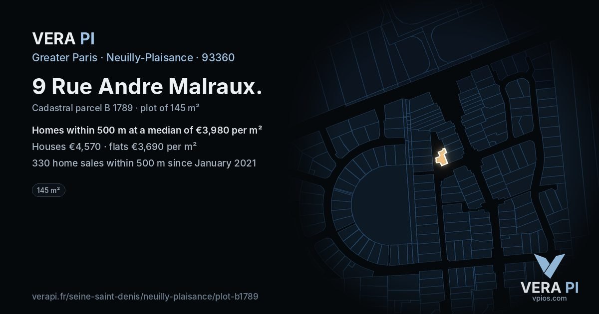 9 Rue Andre Malraux, Neuilly-Plaisance at night – the plot lit, the parcels around coloured by the prices near them
