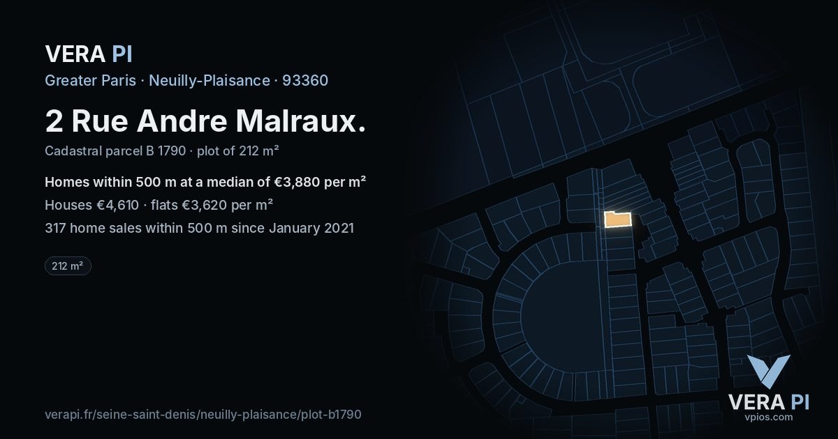 2 Rue Andre Malraux, Neuilly-Plaisance at night – the plot lit, the parcels around coloured by the prices near them