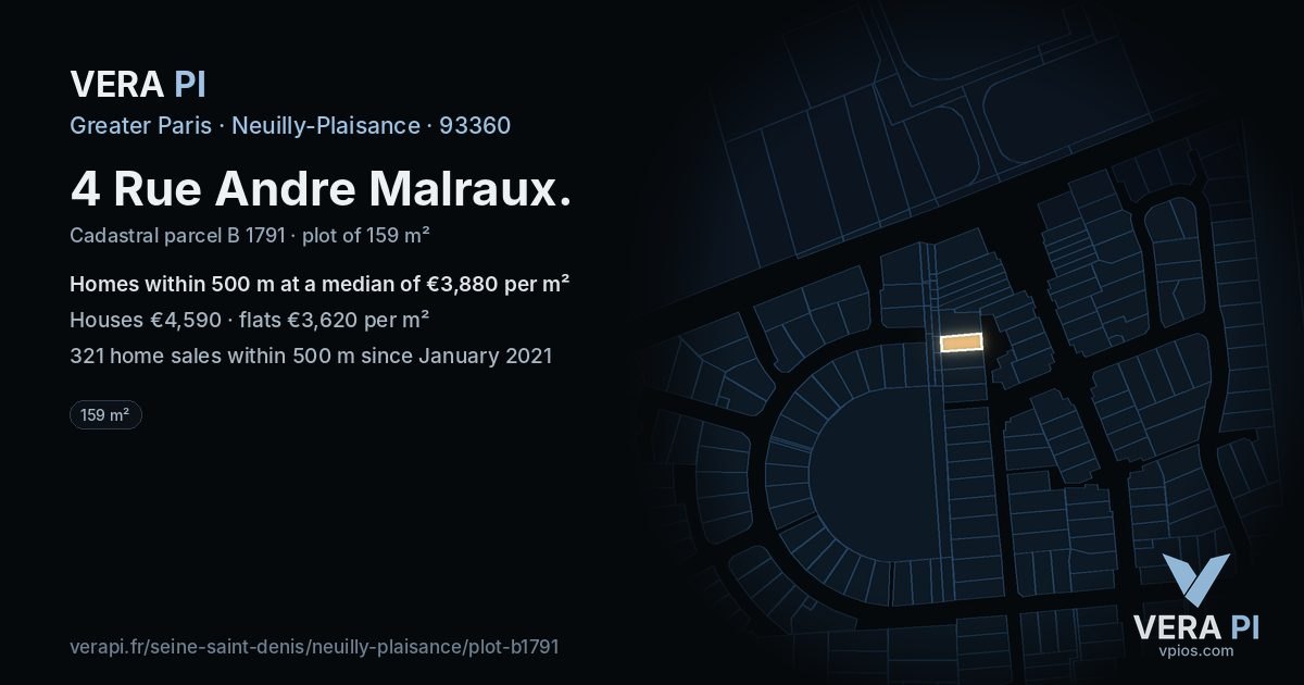 4 Rue Andre Malraux, Neuilly-Plaisance at night – the plot lit, the parcels around coloured by the prices near them
