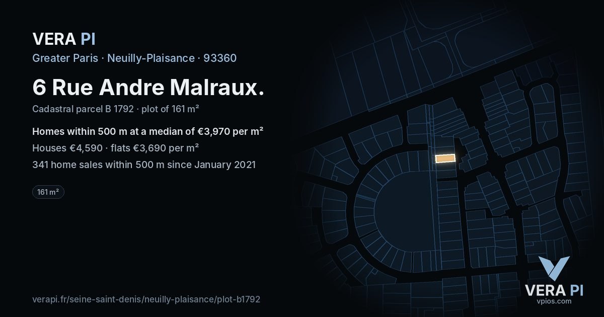 6 Rue Andre Malraux, Neuilly-Plaisance at night – the plot lit, the parcels around coloured by the prices near them