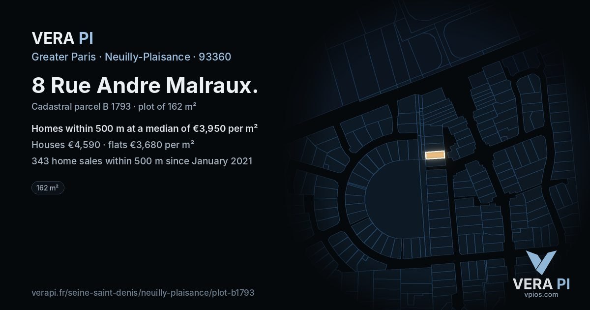 8 Rue Andre Malraux, Neuilly-Plaisance at night – the plot lit, the parcels around coloured by the prices near them
