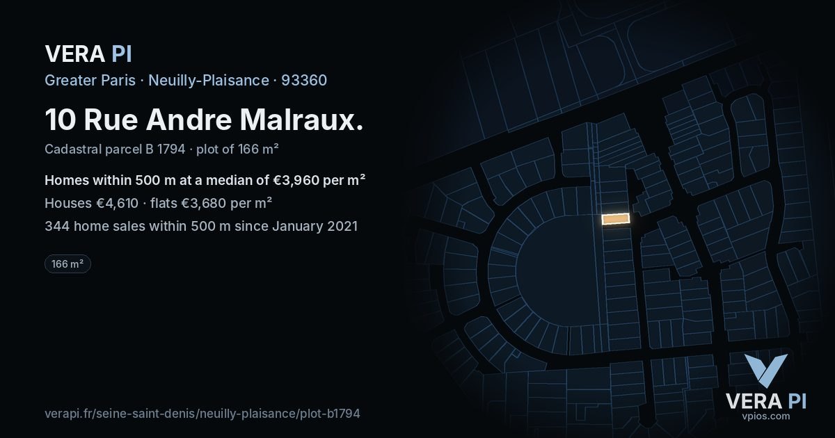 10 Rue Andre Malraux, Neuilly-Plaisance at night – the plot lit, the parcels around coloured by the prices near them