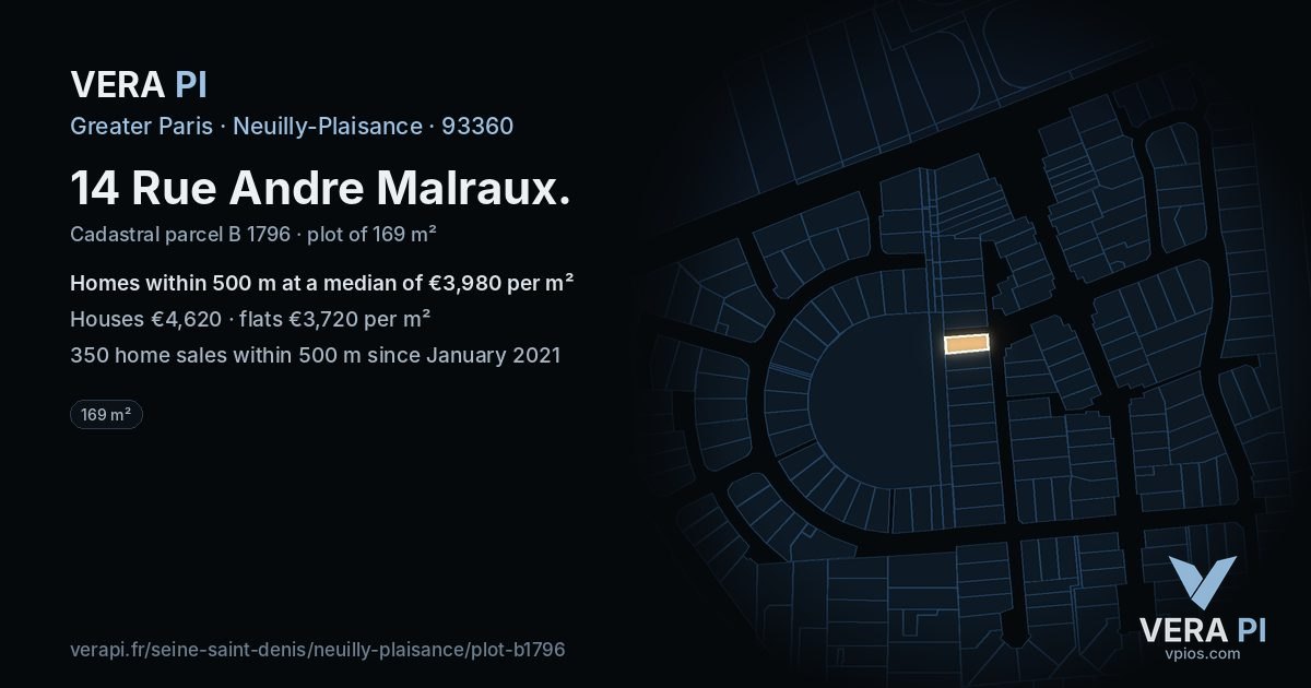 14 Rue Andre Malraux, Neuilly-Plaisance at night – the plot lit, the parcels around coloured by the prices near them