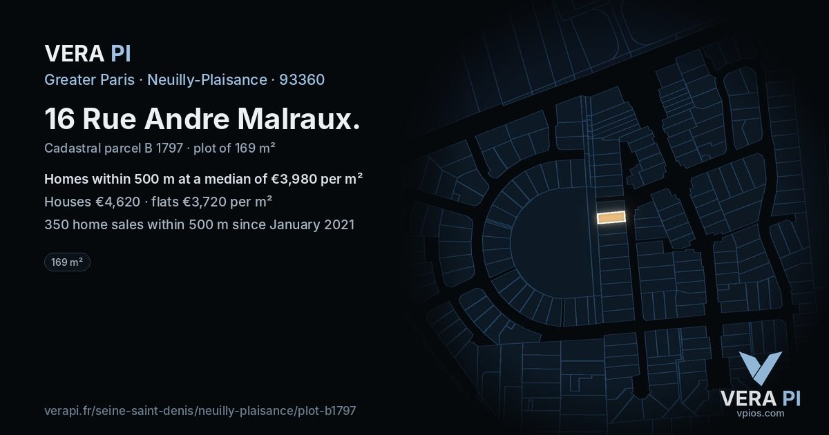 16 Rue Andre Malraux, Neuilly-Plaisance at night – the plot lit, the parcels around coloured by the prices near them