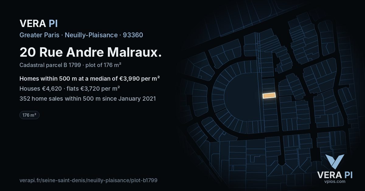 20 Rue Andre Malraux, Neuilly-Plaisance at night – the plot lit, the parcels around coloured by the prices near them