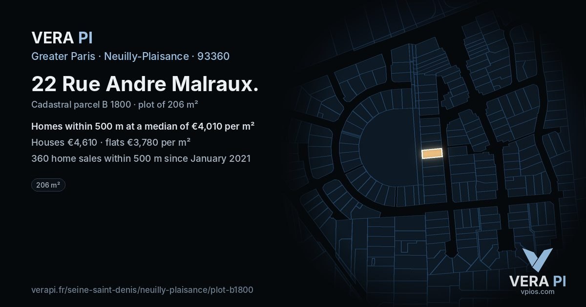 22 Rue Andre Malraux, Neuilly-Plaisance at night – the plot lit, the parcels around coloured by the prices near them