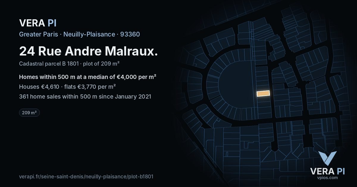 24 Rue Andre Malraux, Neuilly-Plaisance at night – the plot lit, the parcels around coloured by the prices near them