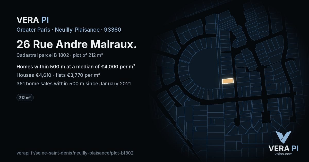 26 Rue Andre Malraux, Neuilly-Plaisance at night – the plot lit, the parcels around coloured by the prices near them
