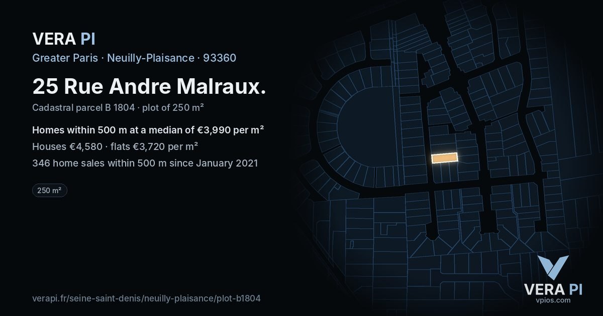 25 Rue Andre Malraux, Neuilly-Plaisance at night – the plot lit, the parcels around coloured by the prices near them