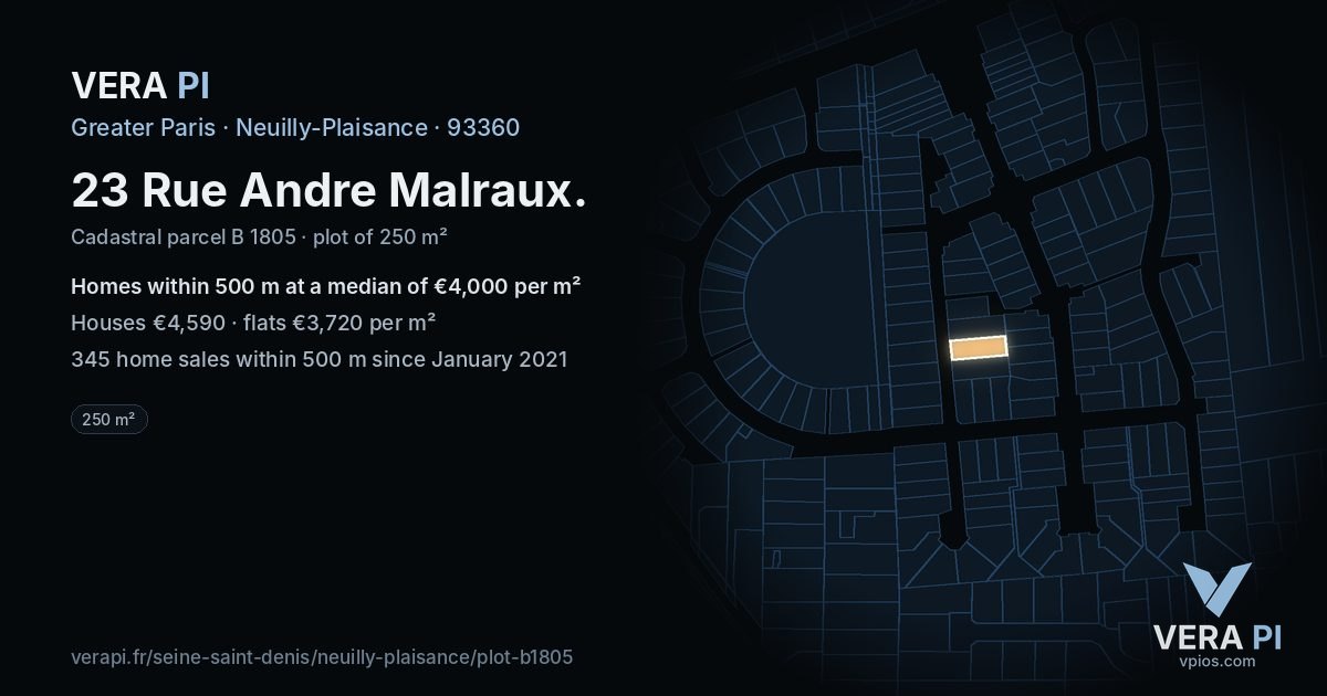 23 Rue Andre Malraux, Neuilly-Plaisance at night – the plot lit, the parcels around coloured by the prices near them