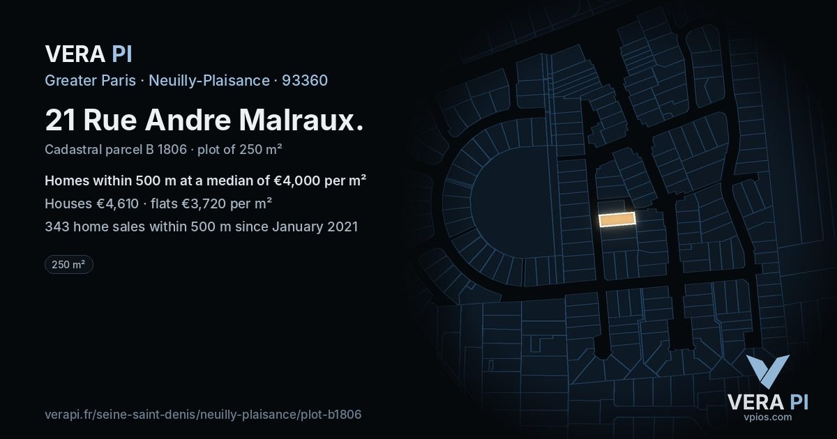 21 Rue Andre Malraux, Neuilly-Plaisance at night – the plot lit, the parcels around coloured by the prices near them