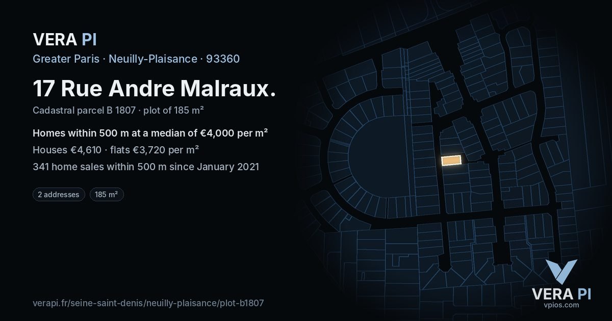 17 Rue Andre Malraux, Neuilly-Plaisance at night – the plot lit, the parcels around coloured by the prices near them