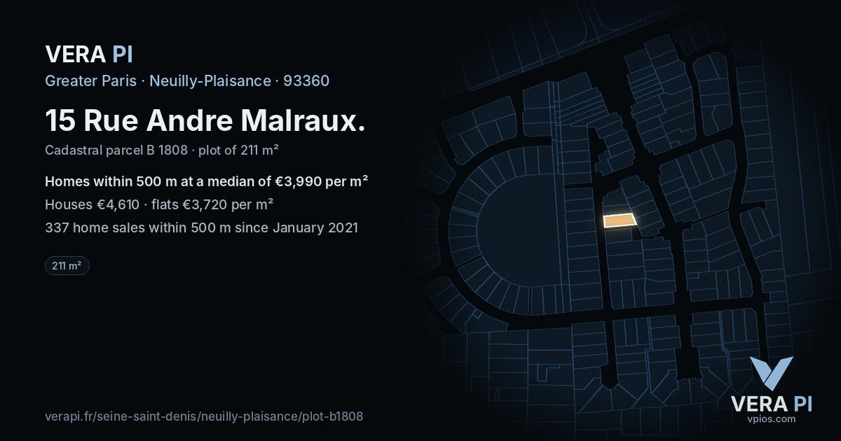 15 Rue Andre Malraux, Neuilly-Plaisance at night – the plot lit, the parcels around coloured by the prices near them