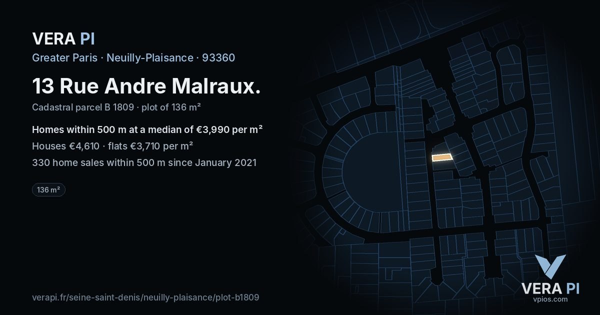 13 Rue Andre Malraux, Neuilly-Plaisance at night – the plot lit, the parcels around coloured by the prices near them