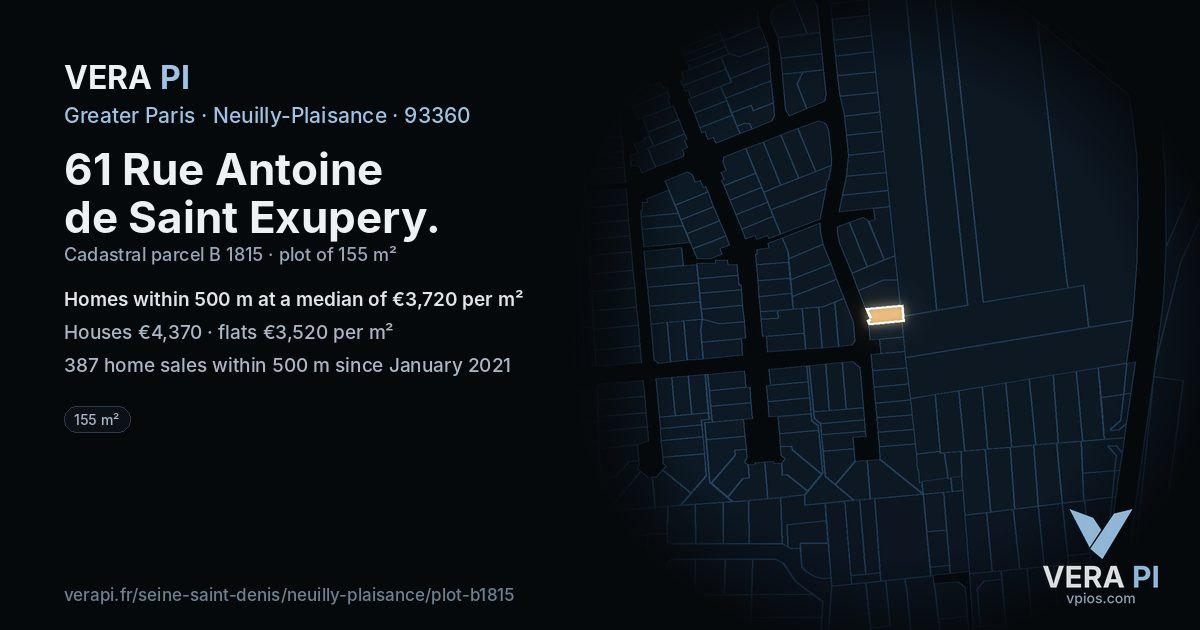 61 Rue Antoine de Saint Exupery, Neuilly-Plaisance at night – the plot lit, the parcels around coloured by the prices near them