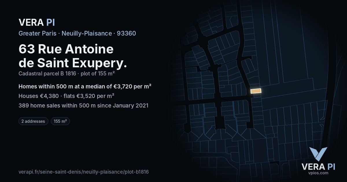 63 Rue Antoine de Saint Exupery, Neuilly-Plaisance at night – the plot lit, the parcels around coloured by the prices near them