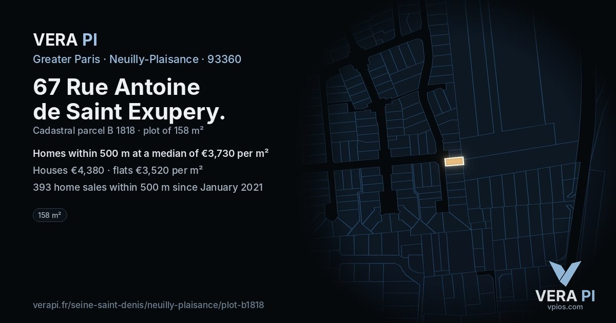 67 Rue Antoine de Saint Exupery, Neuilly-Plaisance at night – the plot lit, the parcels around coloured by the prices near them