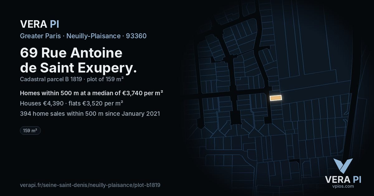 69 Rue Antoine de Saint Exupery, Neuilly-Plaisance at night – the plot lit, the parcels around coloured by the prices near them