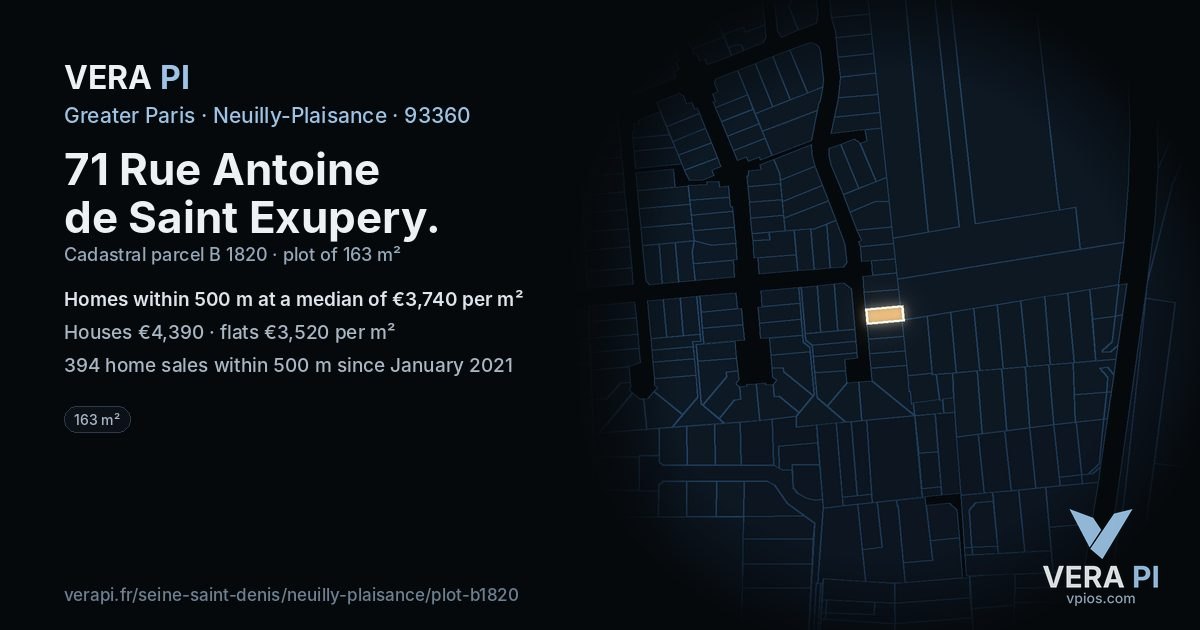 71 Rue Antoine de Saint Exupery, Neuilly-Plaisance at night – the plot lit, the parcels around coloured by the prices near them