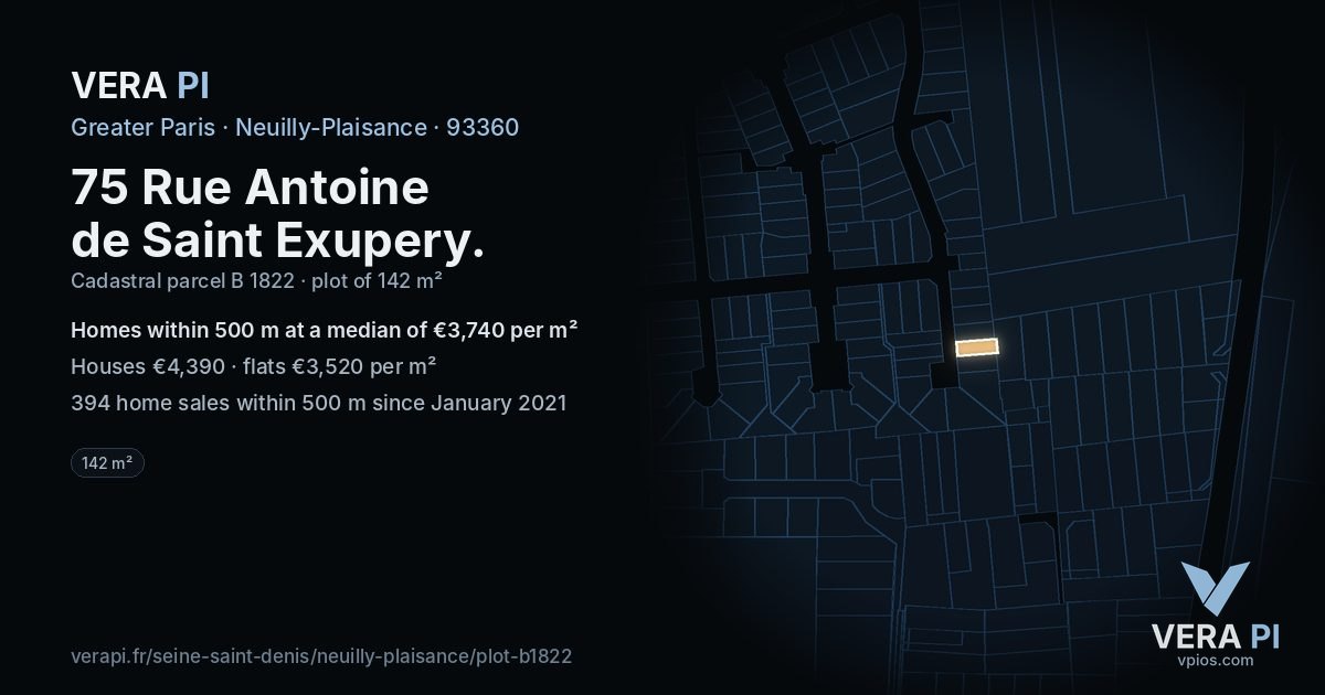 75 Rue Antoine de Saint Exupery, Neuilly-Plaisance at night – the plot lit, the parcels around coloured by the prices near them