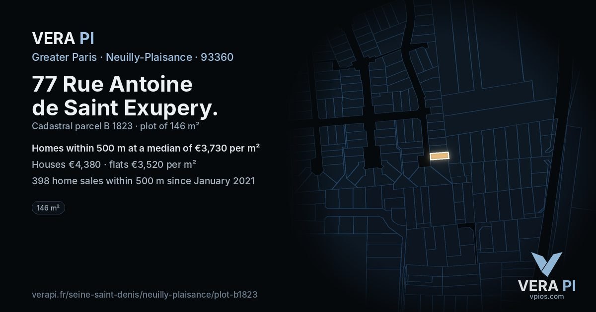 77 Rue Antoine de Saint Exupery, Neuilly-Plaisance at night – the plot lit, the parcels around coloured by the prices near them