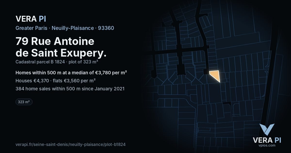 79 Rue Antoine de Saint Exupery, Neuilly-Plaisance at night – the plot lit, the parcels around coloured by the prices near them