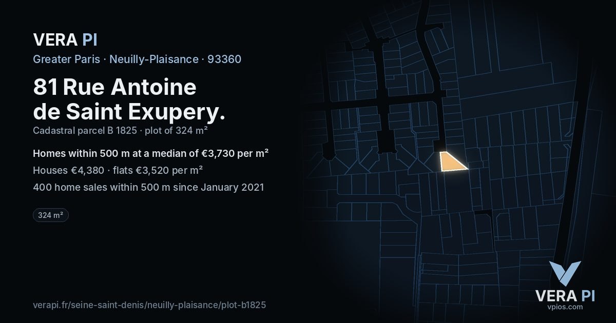 81 Rue Antoine de Saint Exupery, Neuilly-Plaisance at night – the plot lit, the parcels around coloured by the prices near them