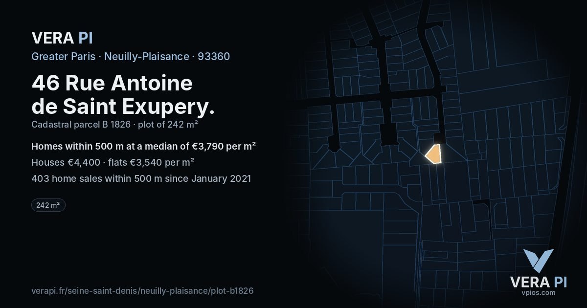 46 Rue Antoine de Saint Exupery, Neuilly-Plaisance at night – the plot lit, the parcels around coloured by the prices near them