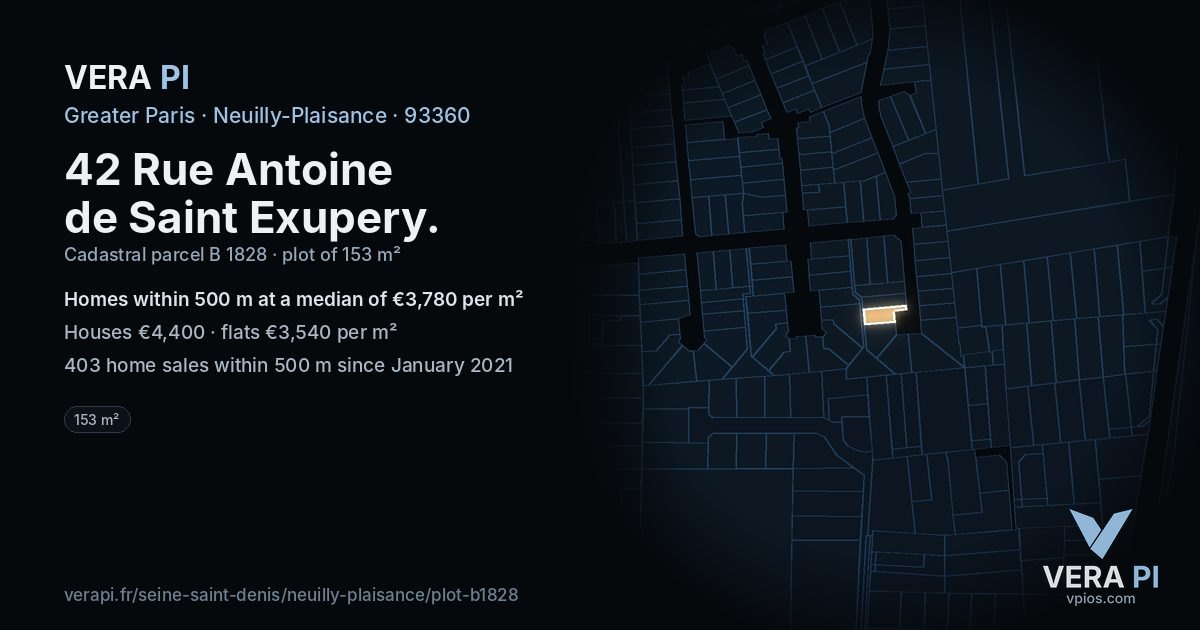 42 Rue Antoine de Saint Exupery, Neuilly-Plaisance at night – the plot lit, the parcels around coloured by the prices near them