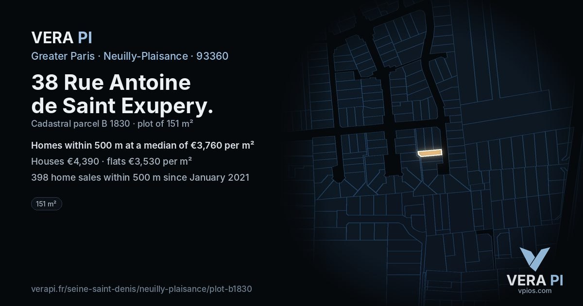 38 Rue Antoine de Saint Exupery, Neuilly-Plaisance at night – the plot lit, the parcels around coloured by the prices near them