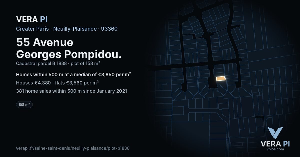 55 Avenue Georges Pompidou, Neuilly-Plaisance at night – the plot lit, the parcels around coloured by the prices near them