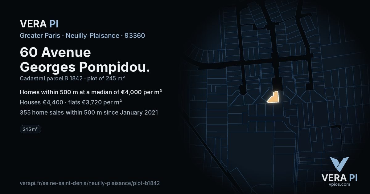 60 Avenue Georges Pompidou, Neuilly-Plaisance at night – the plot lit, the parcels around coloured by the prices near them
