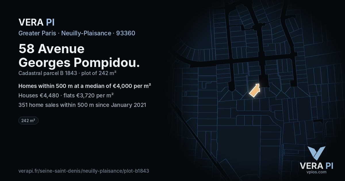 58 Avenue Georges Pompidou, Neuilly-Plaisance at night – the plot lit, the parcels around coloured by the prices near them