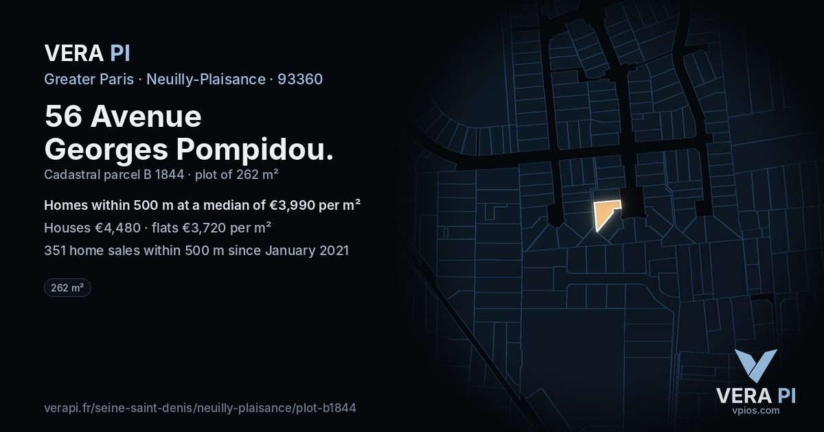 56 Avenue Georges Pompidou, Neuilly-Plaisance at night – the plot lit, the parcels around coloured by the prices near them