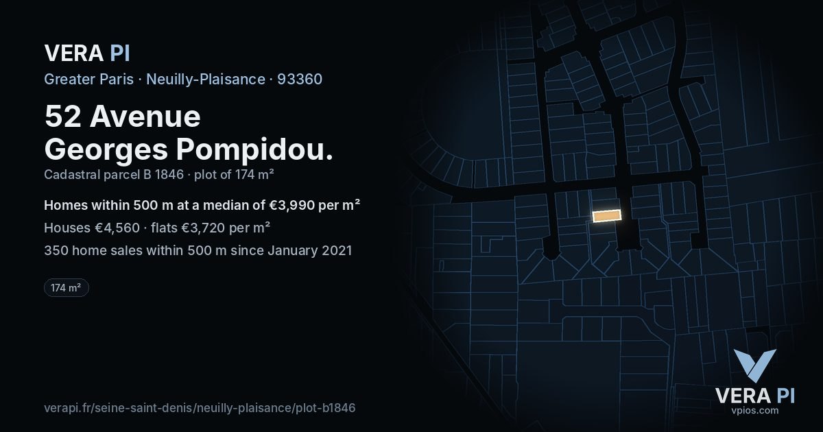 52 Avenue Georges Pompidou, Neuilly-Plaisance at night – the plot lit, the parcels around coloured by the prices near them