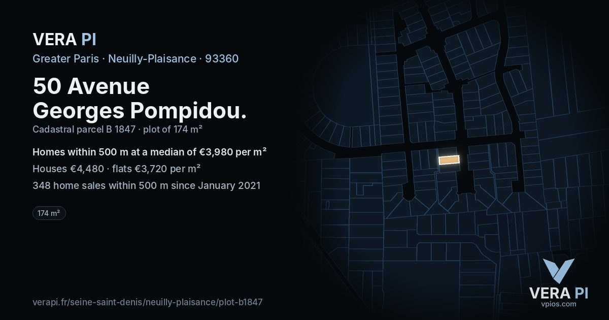 50 Avenue Georges Pompidou, Neuilly-Plaisance at night – the plot lit, the parcels around coloured by the prices near them