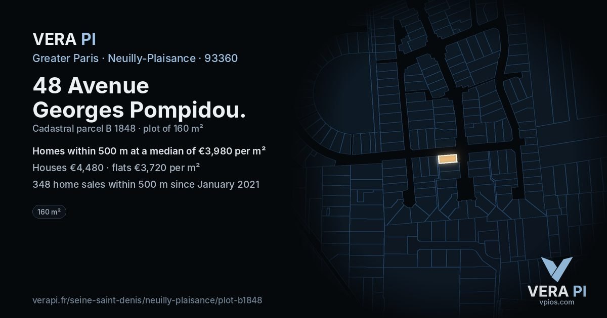 48 Avenue Georges Pompidou, Neuilly-Plaisance at night – the plot lit, the parcels around coloured by the prices near them
