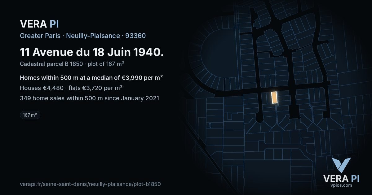 11 Avenue du 18 Juin 1940, Neuilly-Plaisance at night – the plot lit, the parcels around coloured by the prices near them