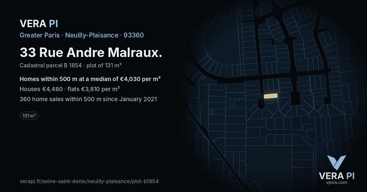 33 Rue Andre Malraux, Neuilly-Plaisance at night – the plot lit, the parcels around coloured by the prices near them