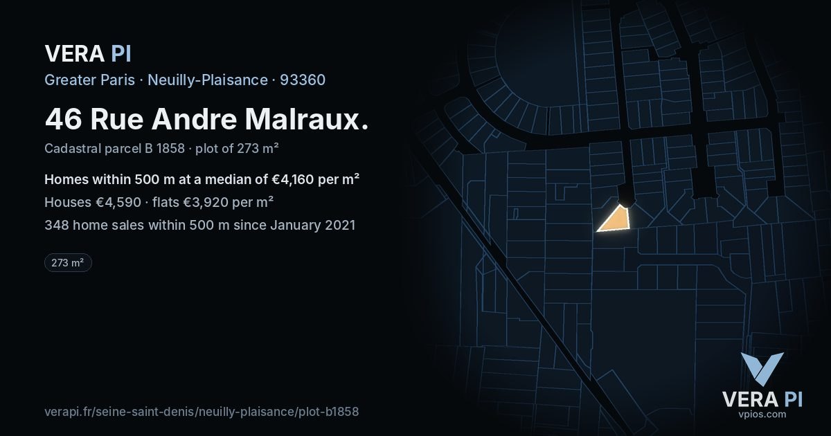 46 Rue Andre Malraux, Neuilly-Plaisance at night – the plot lit, the parcels around coloured by the prices near them