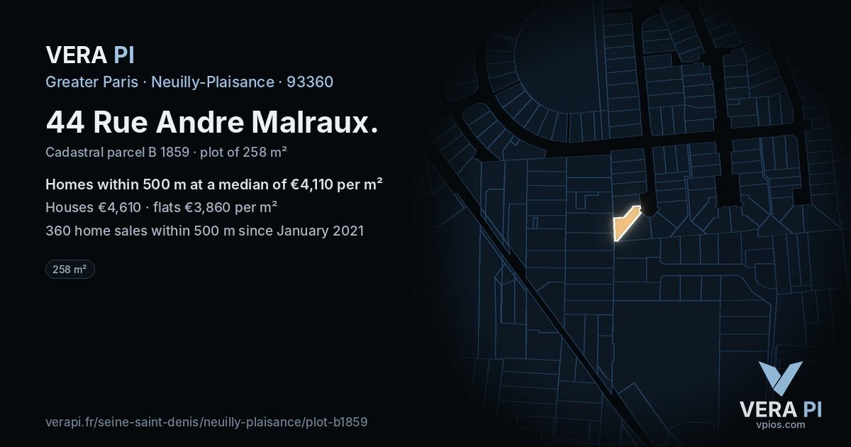 44 Rue Andre Malraux, Neuilly-Plaisance at night – the plot lit, the parcels around coloured by the prices near them