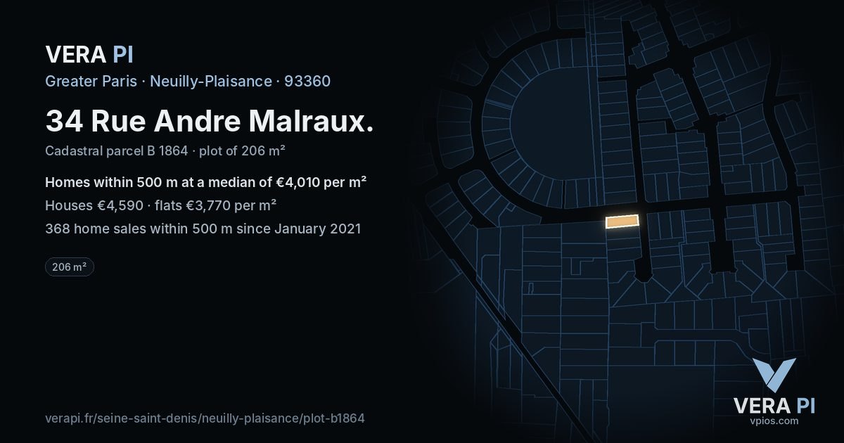 34 Rue Andre Malraux, Neuilly-Plaisance at night – the plot lit, the parcels around coloured by the prices near them