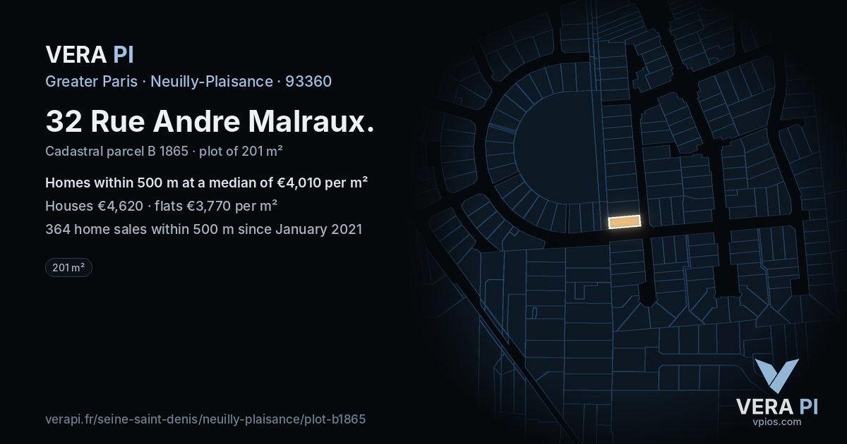 32 Rue Andre Malraux, Neuilly-Plaisance at night – the plot lit, the parcels around coloured by the prices near them