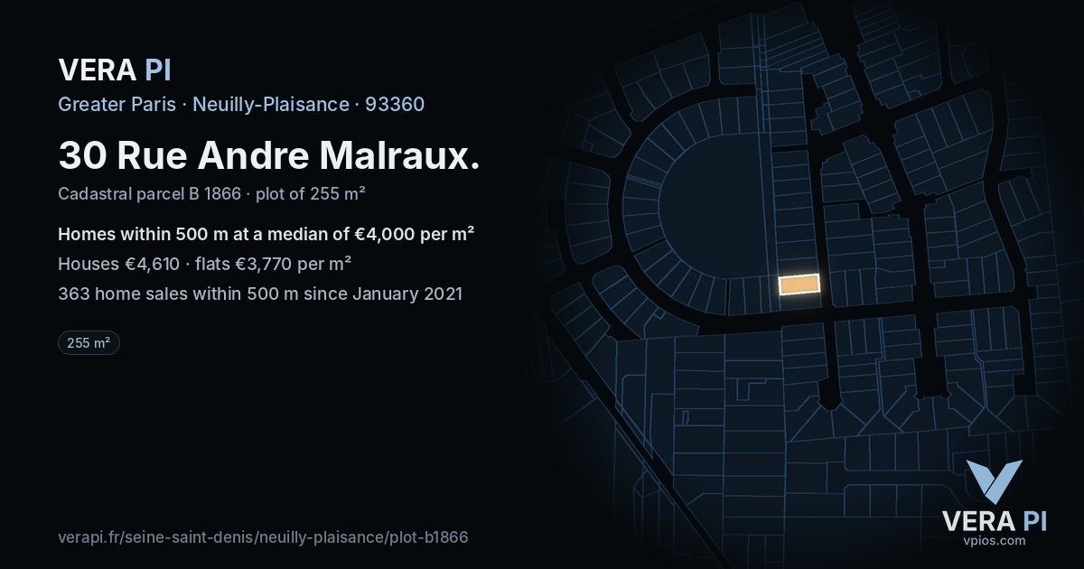 30 Rue Andre Malraux, Neuilly-Plaisance at night – the plot lit, the parcels around coloured by the prices near them