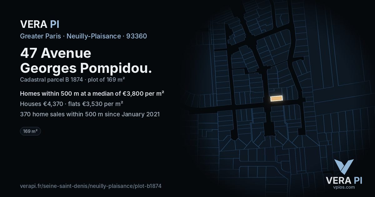 47 Avenue Georges Pompidou, Neuilly-Plaisance at night – the plot lit, the parcels around coloured by the prices near them