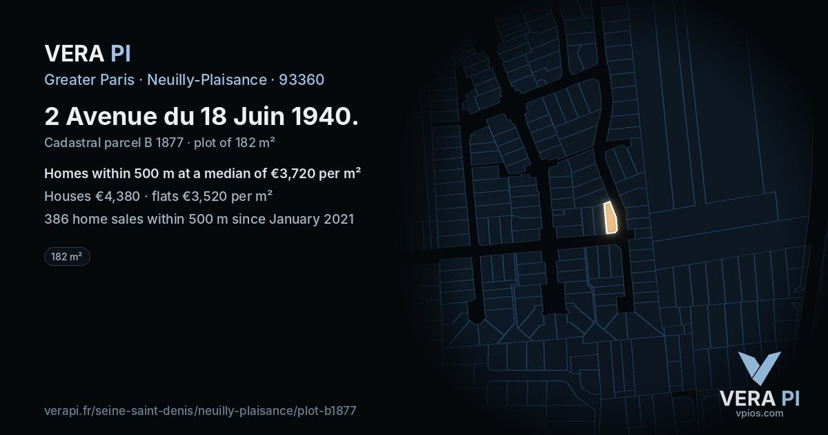 2 Avenue du 18 Juin 1940, Neuilly-Plaisance at night – the plot lit, the parcels around coloured by the prices near them