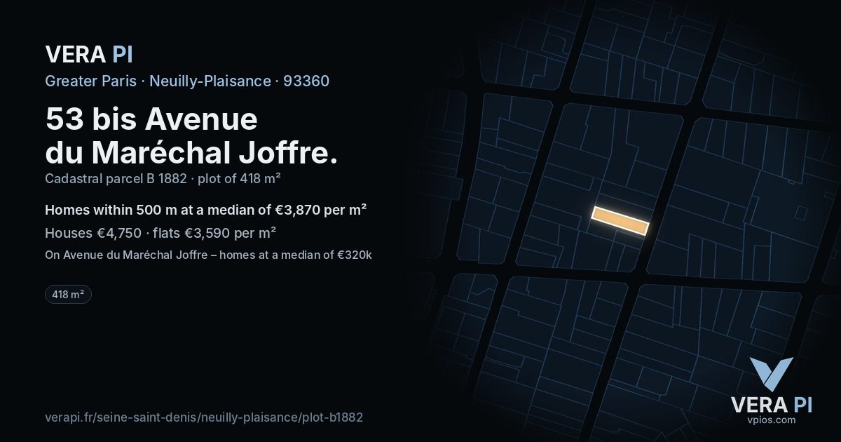 53 bis Avenue du Maréchal Joffre, Neuilly-Plaisance at night – the plot lit, the parcels around coloured by the prices near them