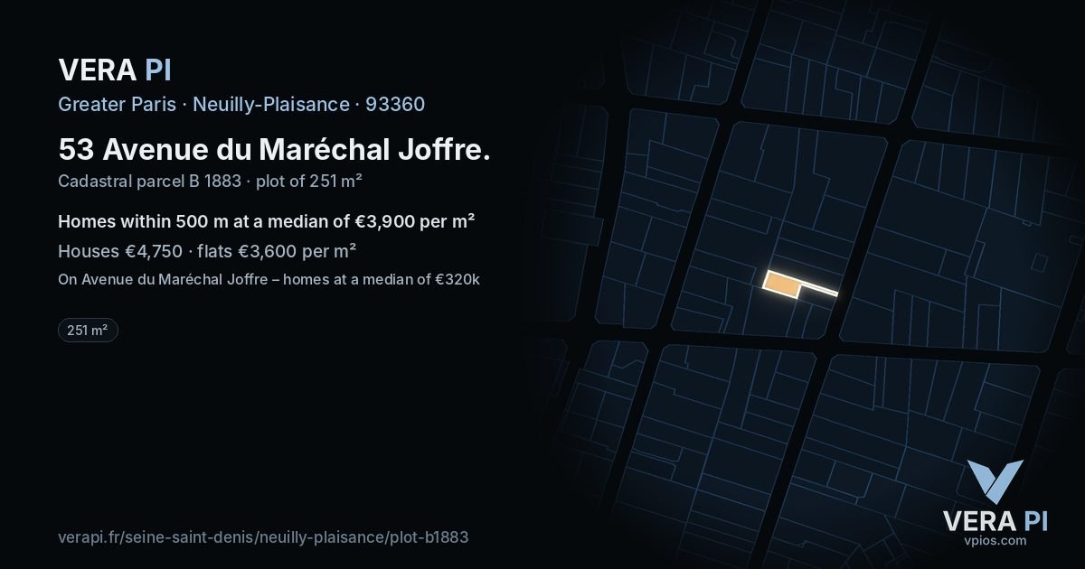 53 Avenue du Maréchal Joffre, Neuilly-Plaisance at night – the plot lit, the parcels around coloured by the prices near them