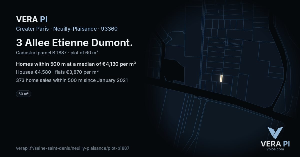 3 Allee Etienne Dumont, Neuilly-Plaisance at night – the plot lit, the parcels around coloured by the prices near them