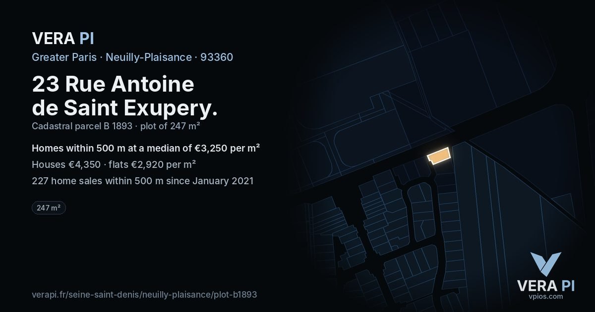23 Rue Antoine de Saint Exupery, Neuilly-Plaisance at night – the plot lit, the parcels around coloured by the prices near them